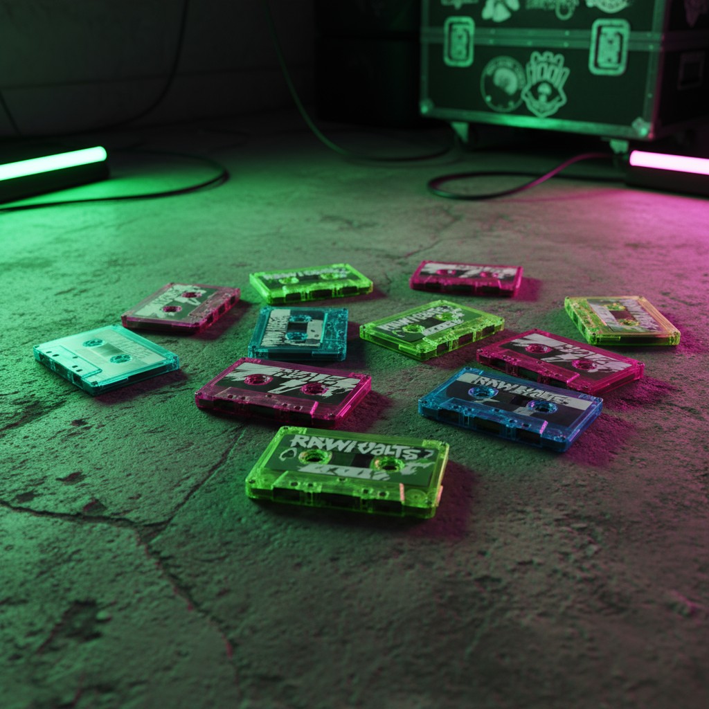 The cassette tapes laying on the ground with neon lights in the background.