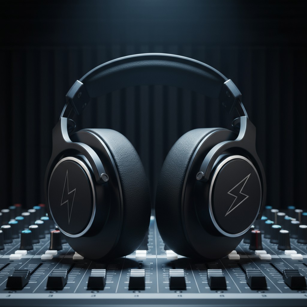 A pair of black, wireless, over-ear headphones with metal sides resting on top of a large control board for audio equipment.