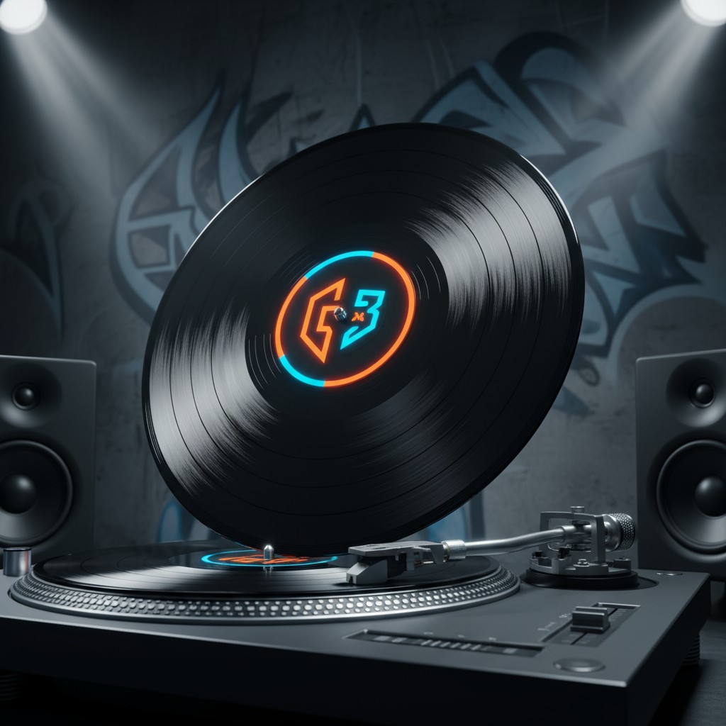 A vinyl record spinning on a turntable with a logo and two speakers.