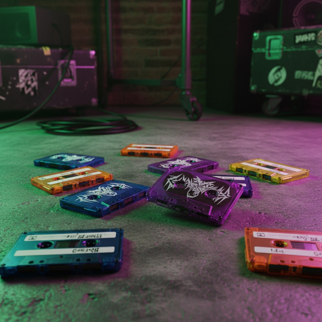 A collection of translucent multi-colored compact cassette tapes scattered on a concrete floor in a dimly lit room with gr...