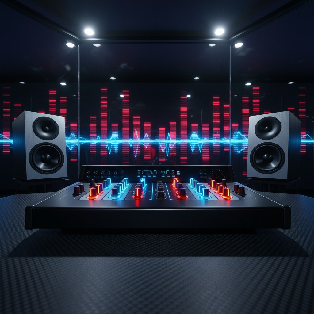 DJ equipment and soundboard for a DJ standing in a dark room in front of glowing charts and a speakers on either side.
